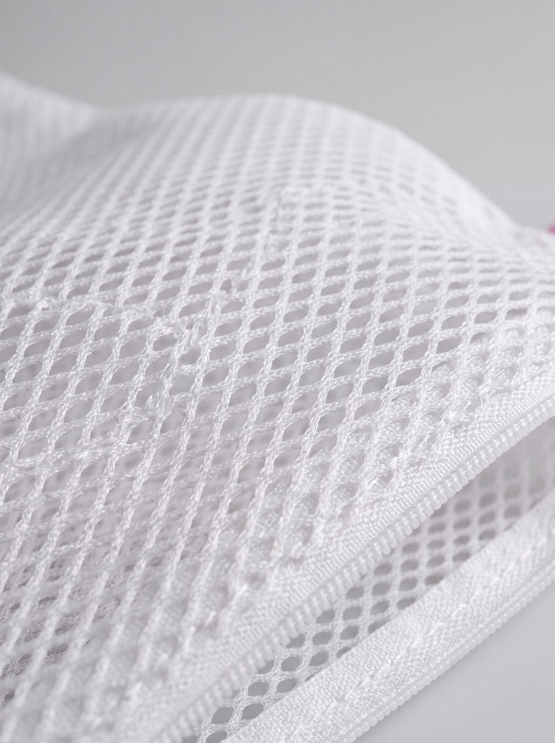 Tightknit mesh lingerie wash bag, front view, zip closed