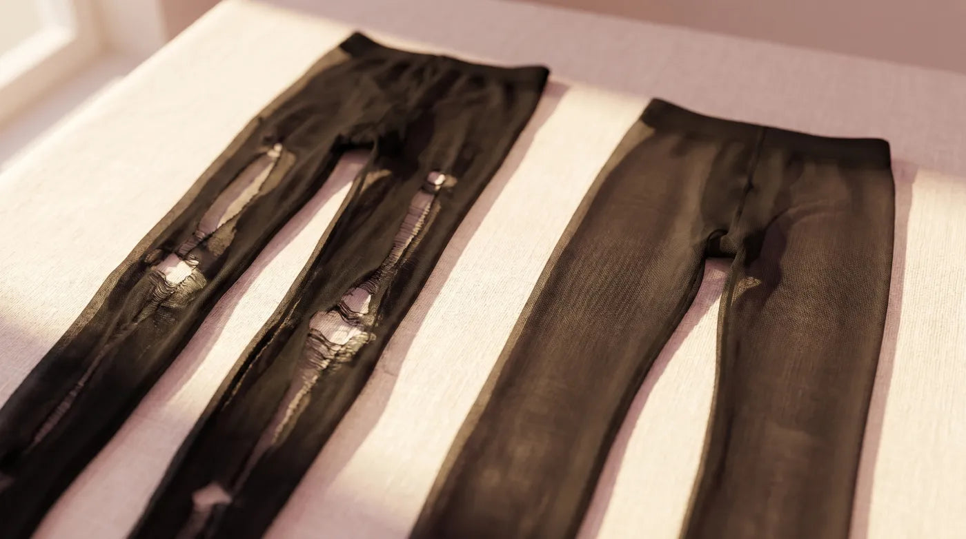 Two pairs of black sheer tights — torn pair on left, intact Tightknit pair on right