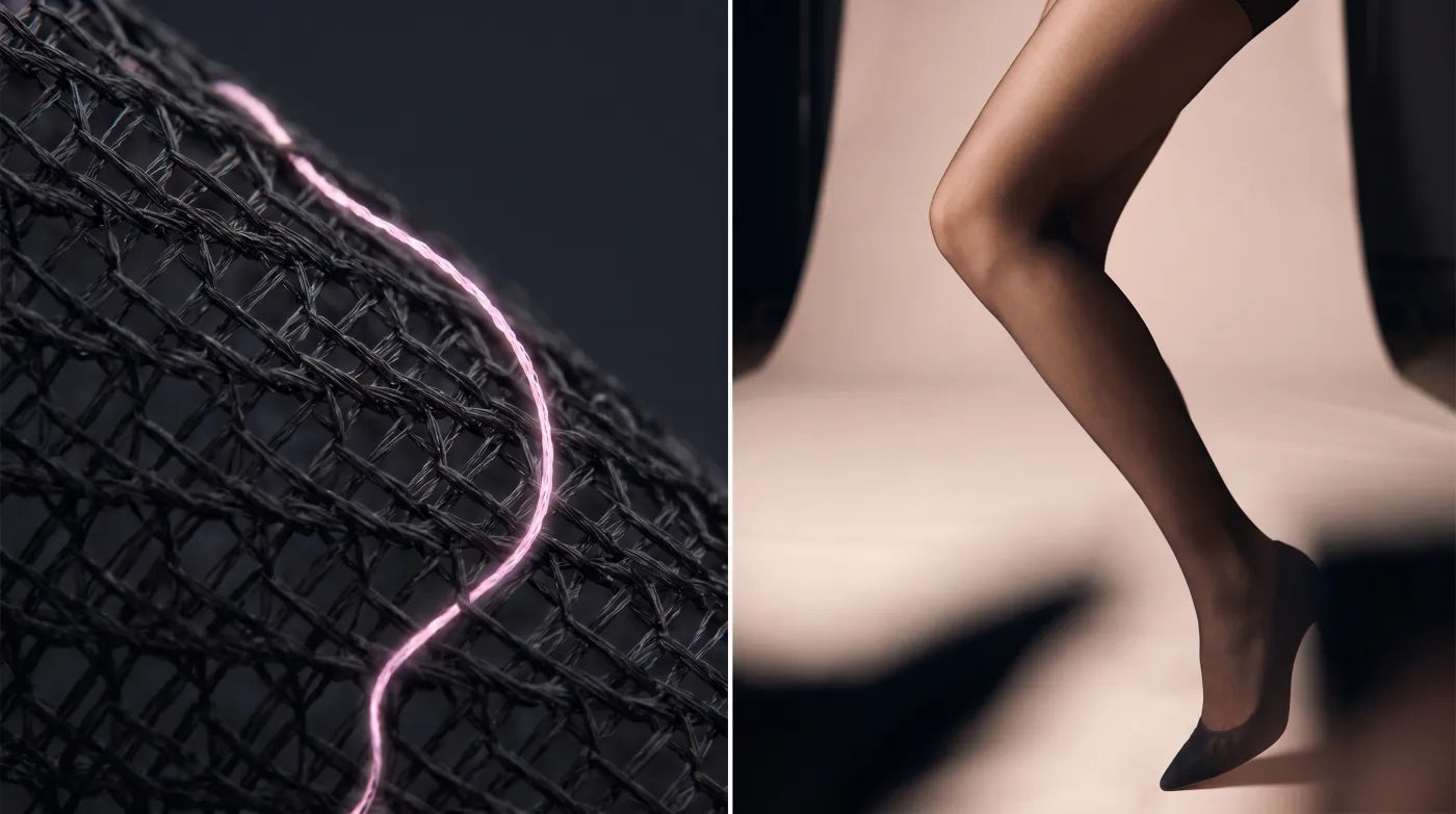 Diptych — extreme macro of black sheer knit fiber on left, editorial leg shot in black Tightknit tights on right