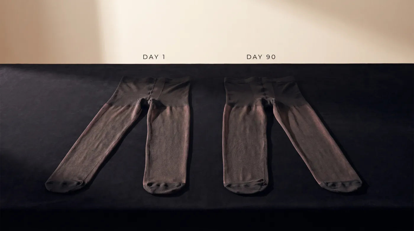 Two pairs of black sheer tights side-by-side, labeled Day 1 and Day 90, looking nearly identical
