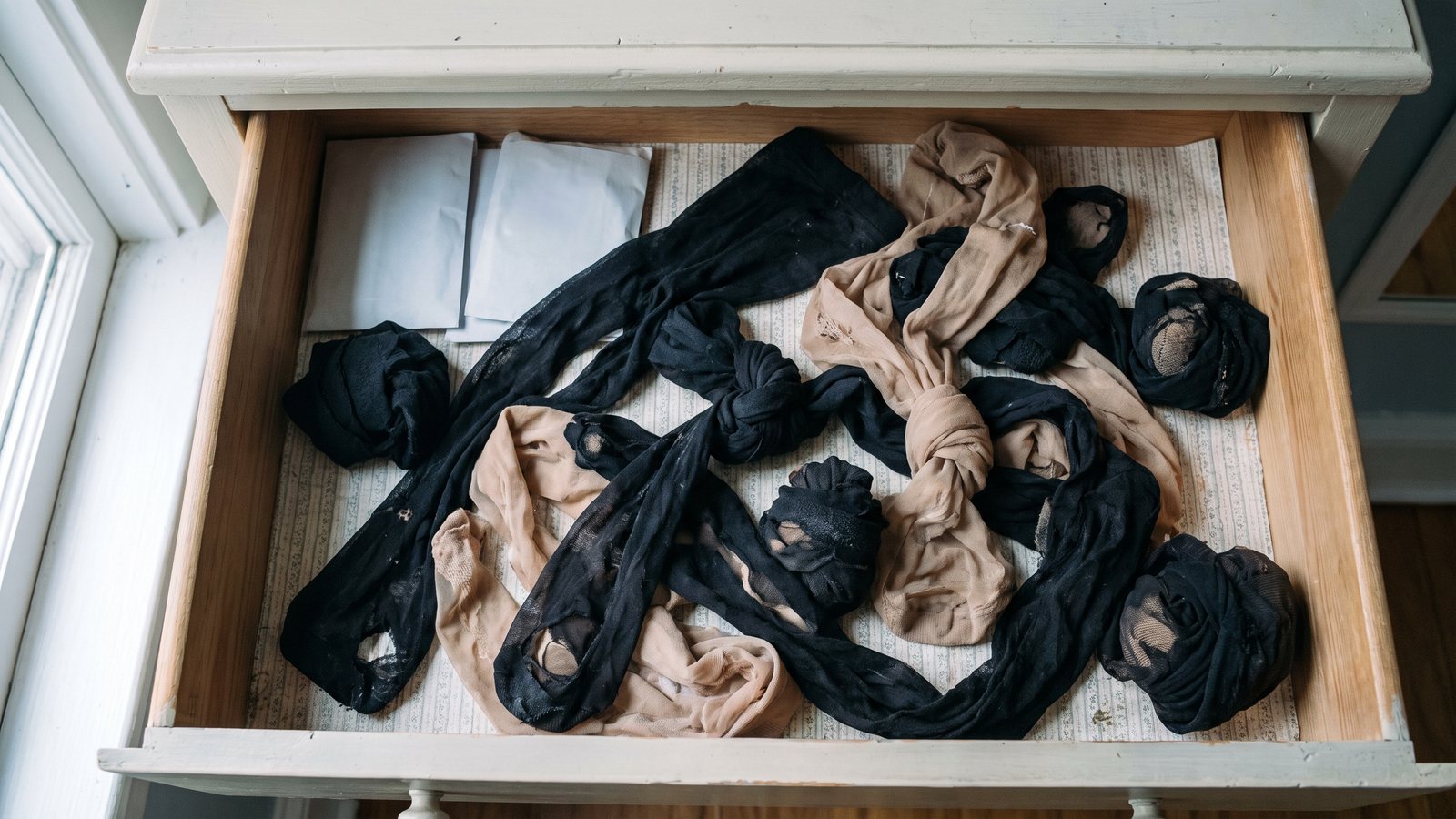 A dresser drawer full of laddered and holed sheer tights