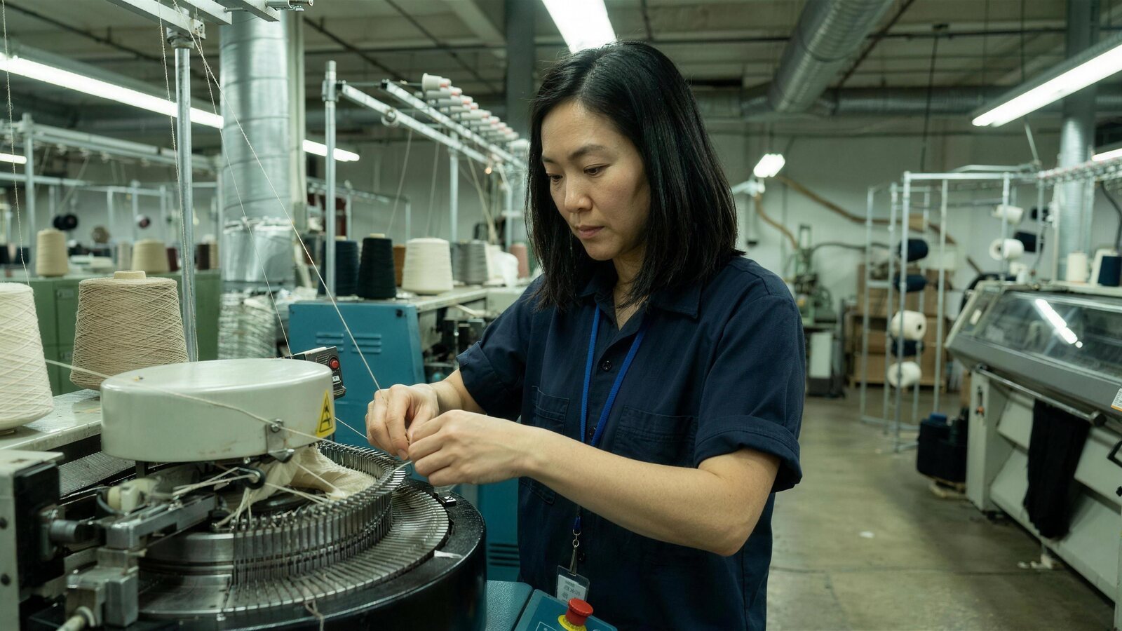 Lien Choi beside an industrial circular knitting machine
