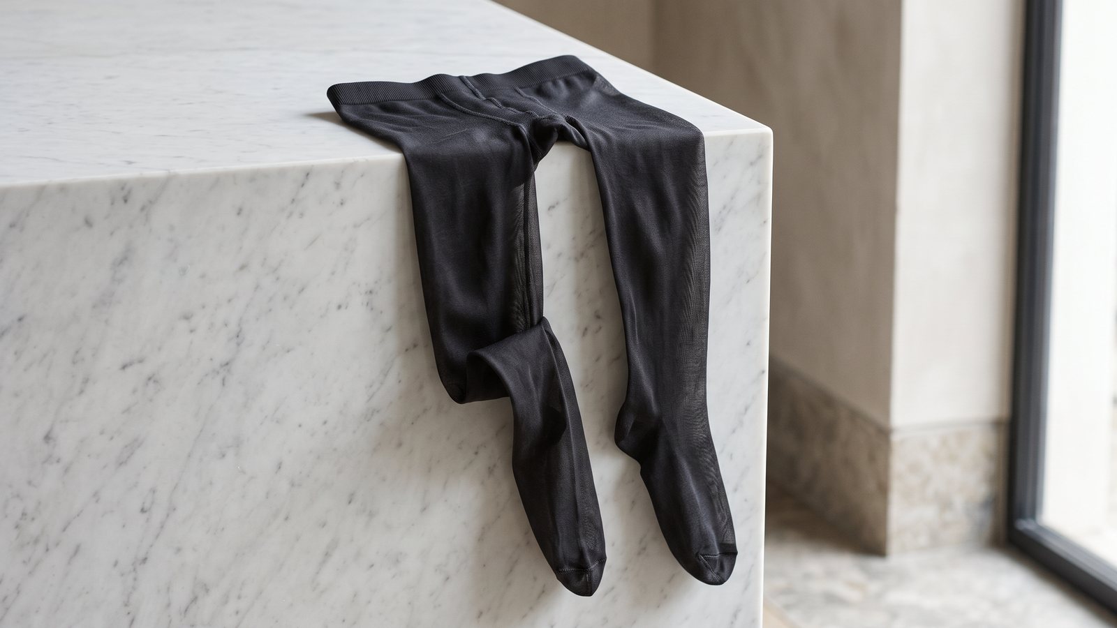 A pair of European premium sheer tights draped over a marble edge