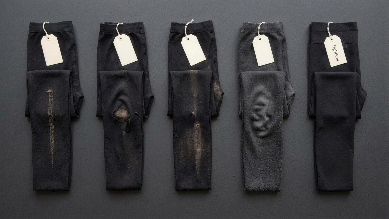 Five pairs of tights laid out after the 90-day test, four failed and one intact