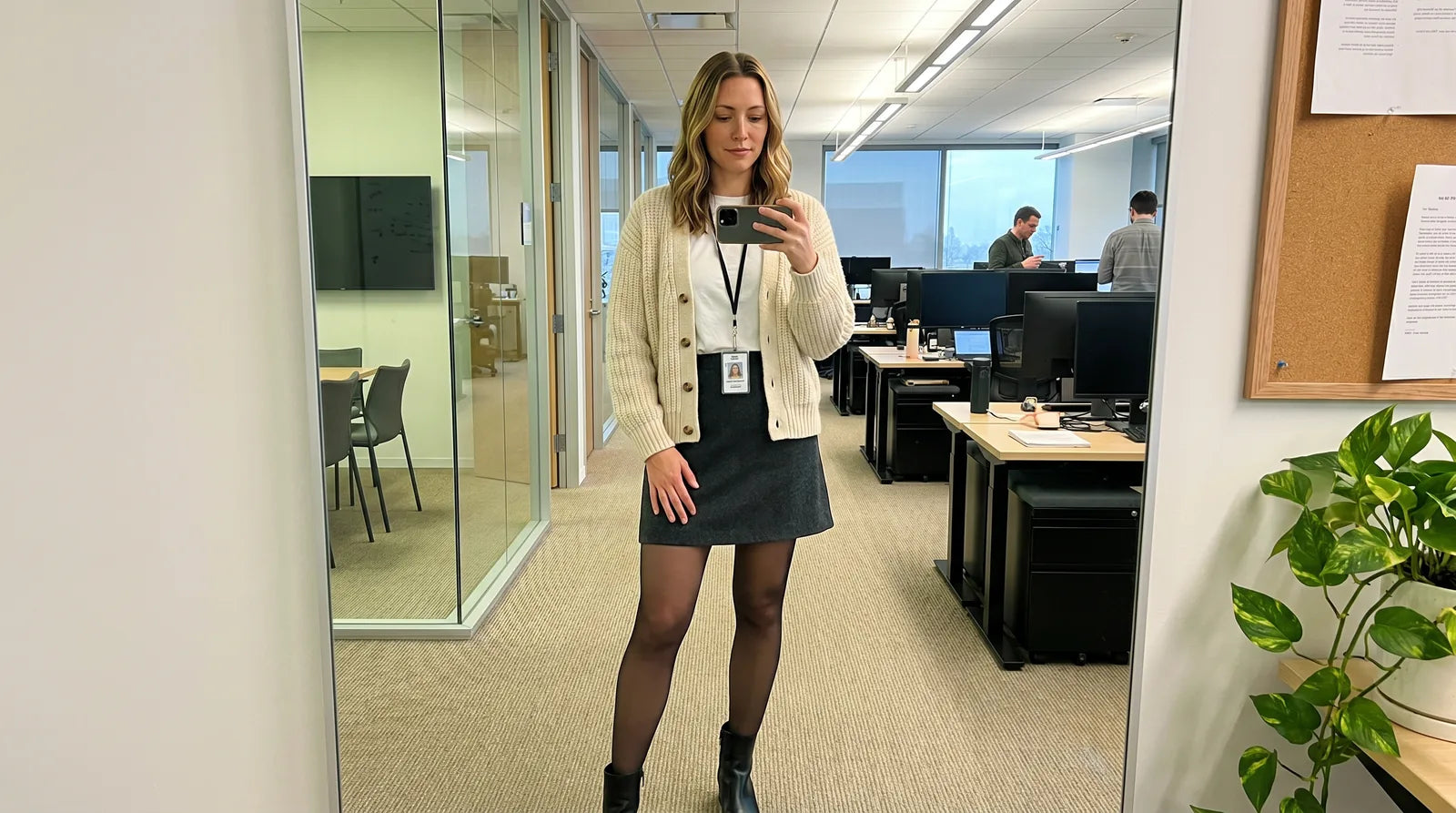Caitlin Hayes mirror selfie in sheer black Tightknit tights at her workplace