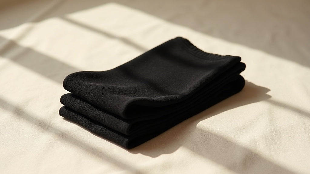 Black sheer Tightknit tights folded on cream linen, editorial styling